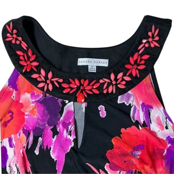 Sandra Darren Dress Beaded Keyhole Watercolor Floral Slip On Black Pink Size 12 - Picture 9 of 16